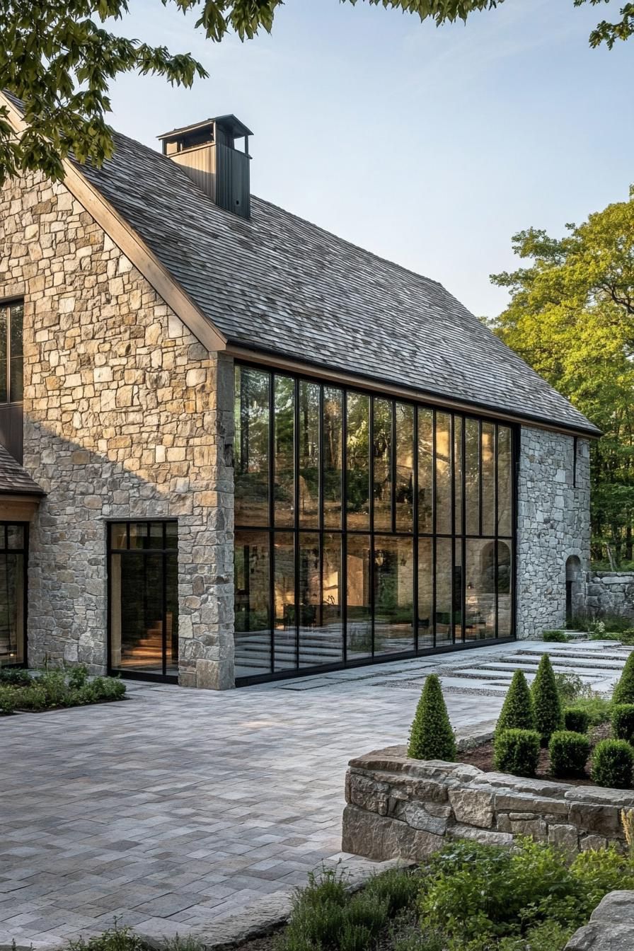 Elegant stone barn with large glass panels and serene surroundings