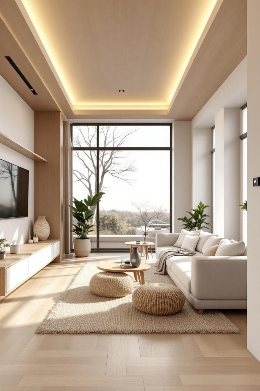 Bright and serene modern living room with large windows