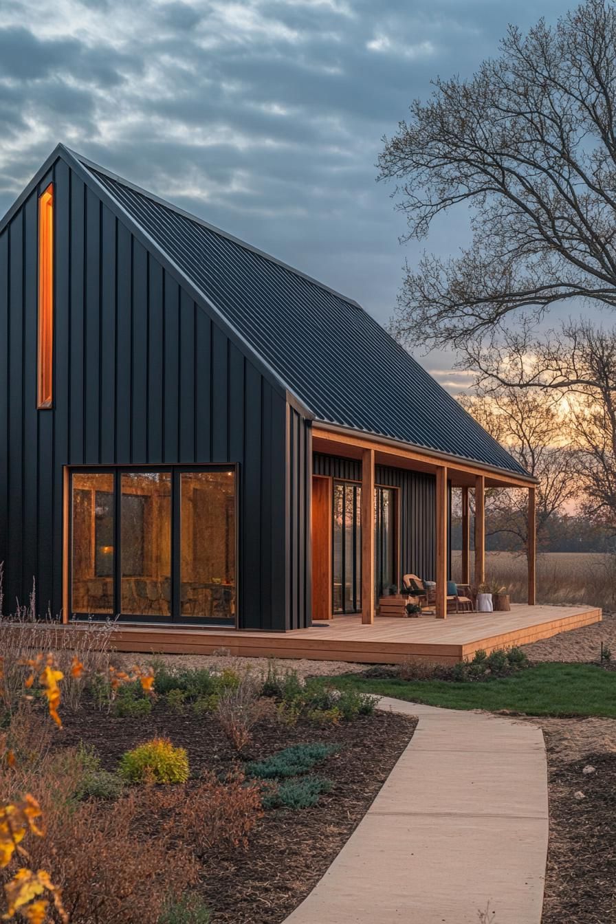 Modern barndominium with wooden accents at dawn