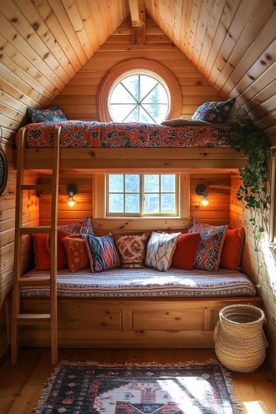 Cozy nook with colorful cushions and wooden loft bed