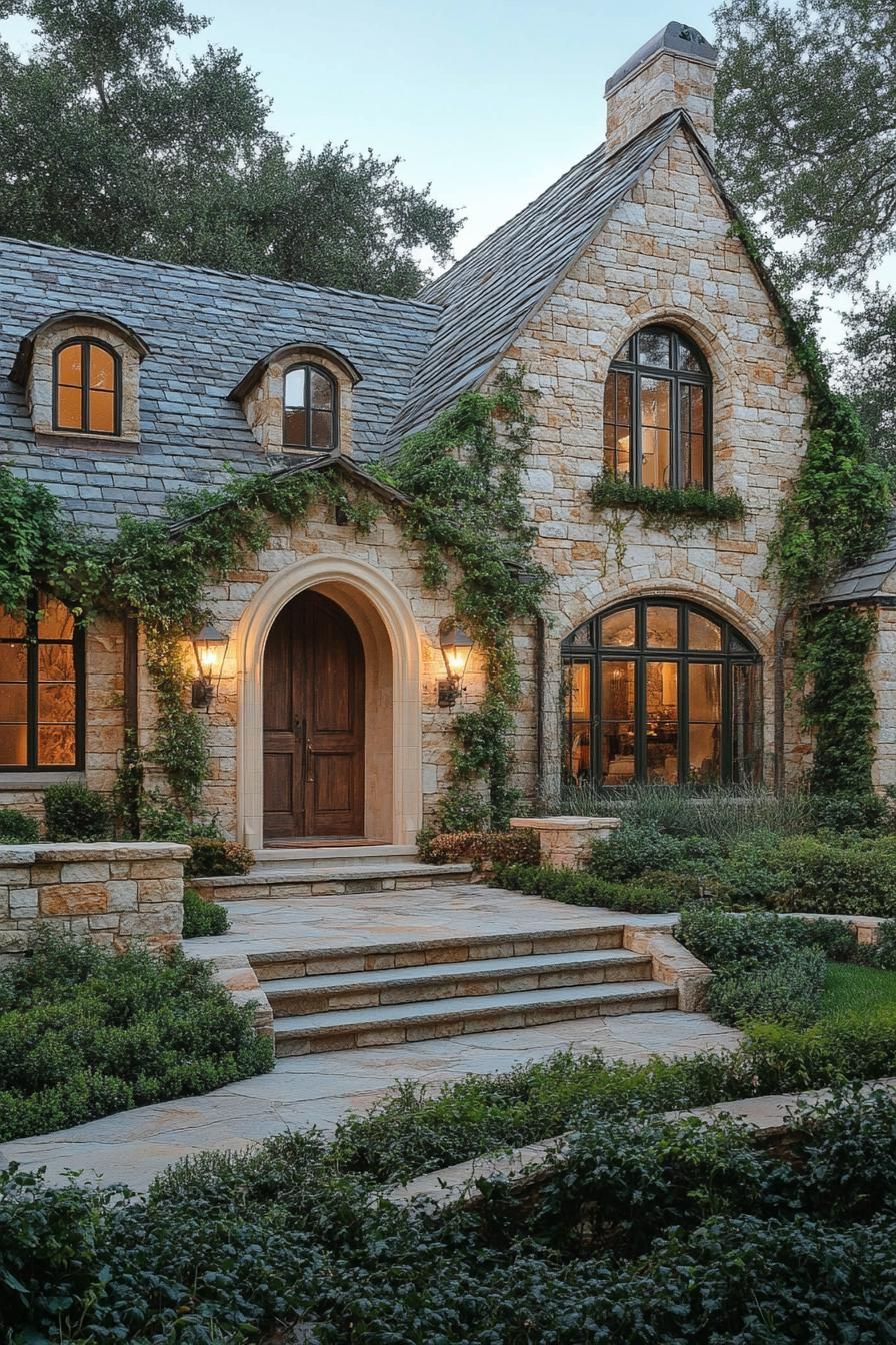 Quaint stone cottage with wooden door and ivy