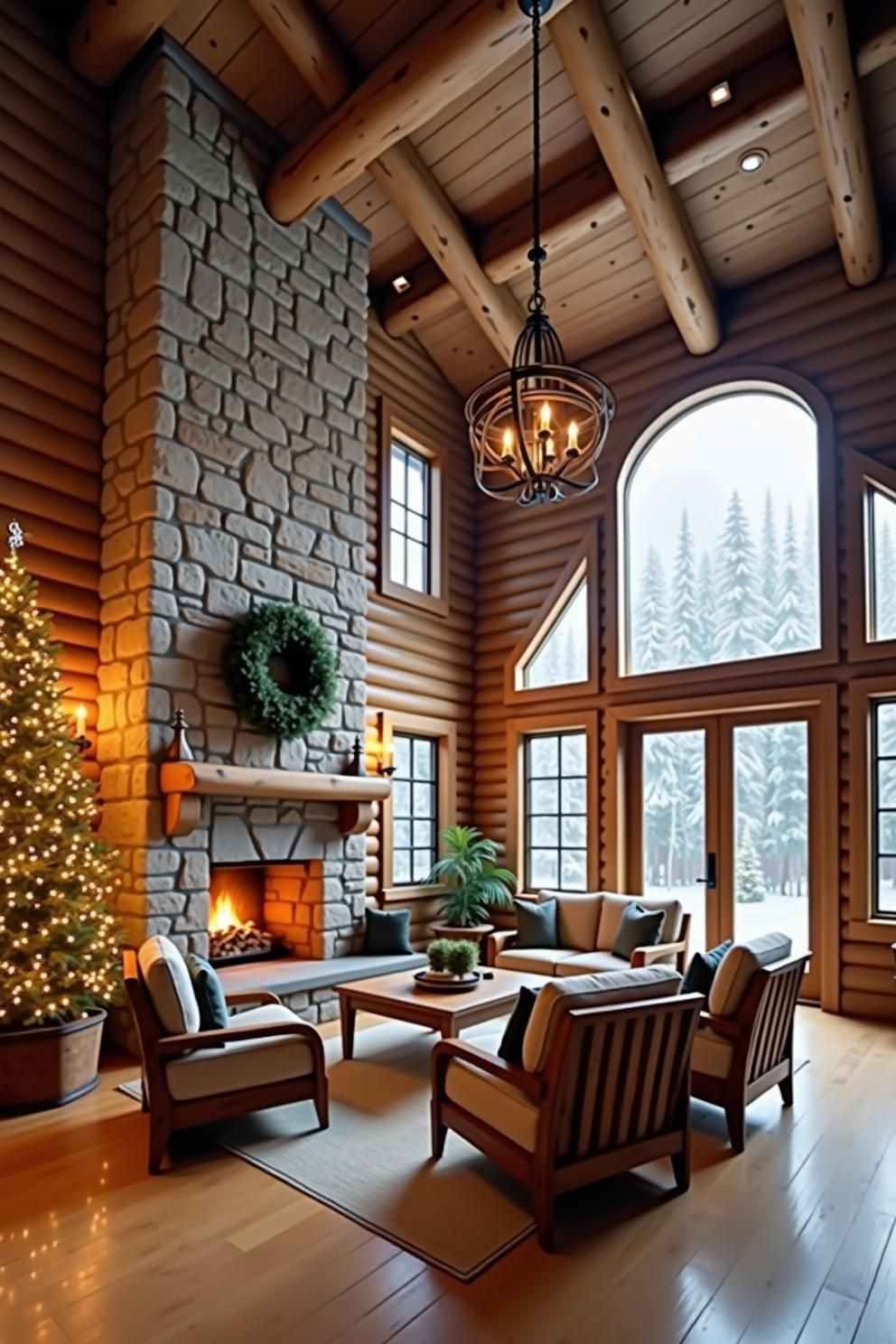 Warm log interior with a stone fireplace and festive decor