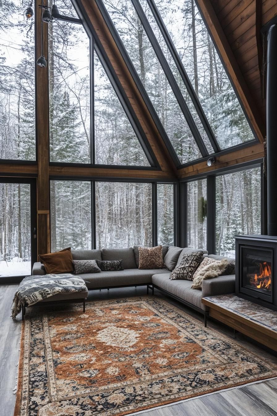 interior of a frame cabin in the woods full glass windows darkwood interior fireplace hardwood floor with pattern area rug sectional sofa with