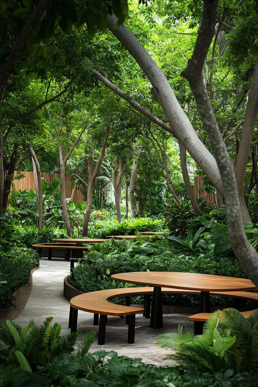 Curved wooden benches amidst dense trees and foliage