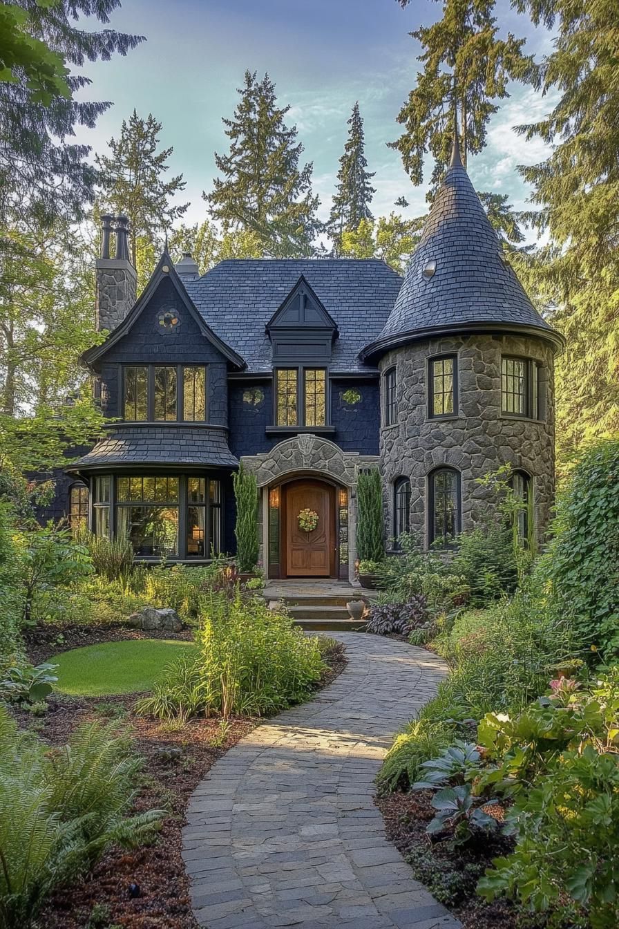 Charming stone house surrounded by lush greenery and whimsical turrets