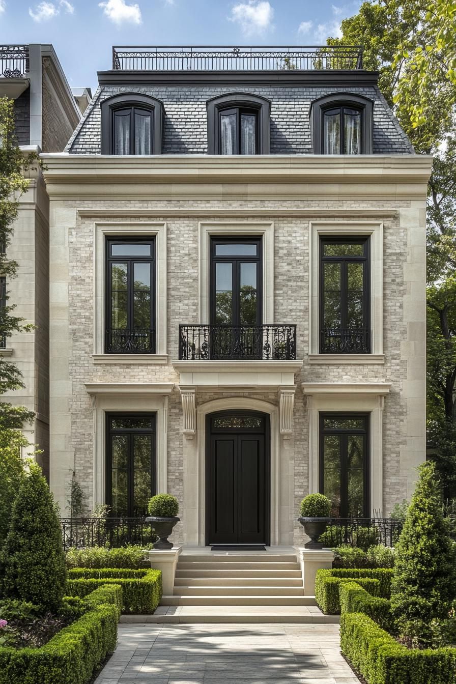 Elegant townhouse with ornate detailing and lush greenery