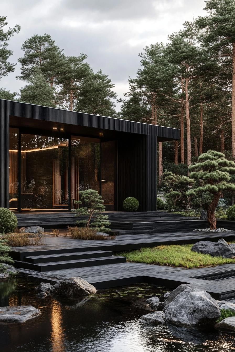 modern forest villa design black siding with dark wood accents front yard with a large modern arch with black outside and wooden inside large porch 1