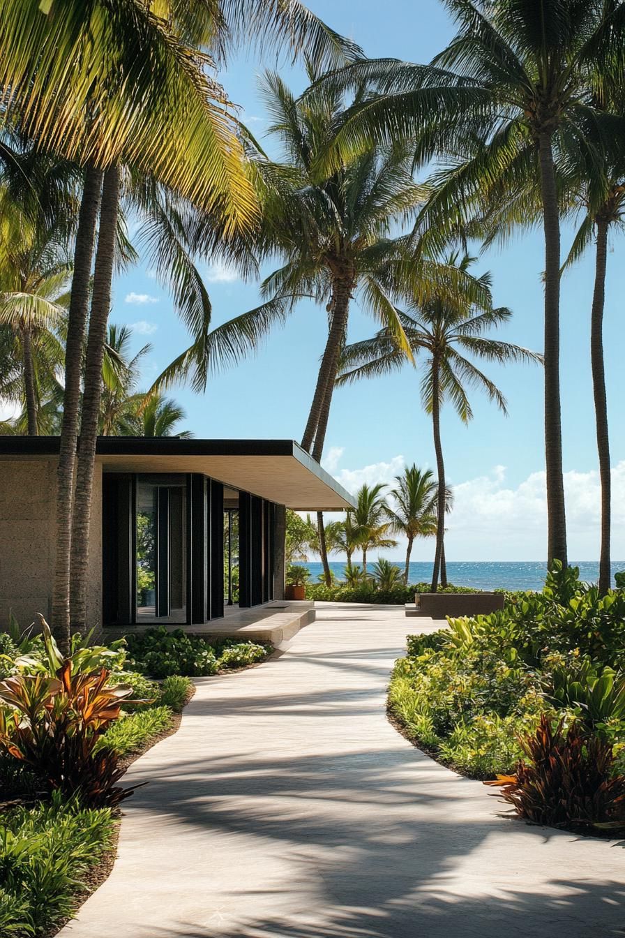 Modern villa with palm trees and ocean view