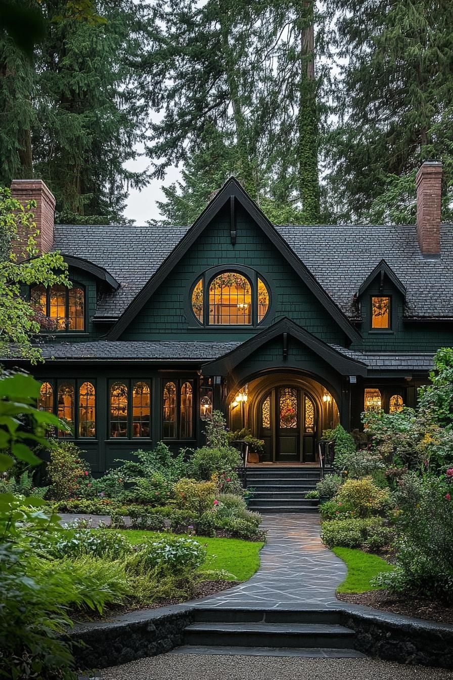 Charming dark green cottage amid lush greenery