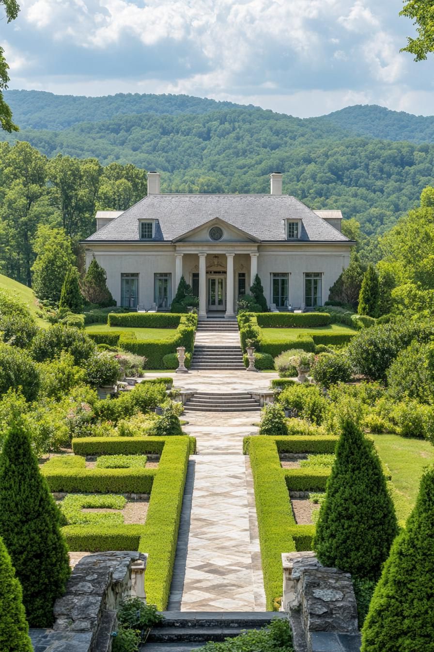 high angle view of Georgien style manor with grey roof facade with columns large front garden with geometric shrubs and paven paths with steps 3