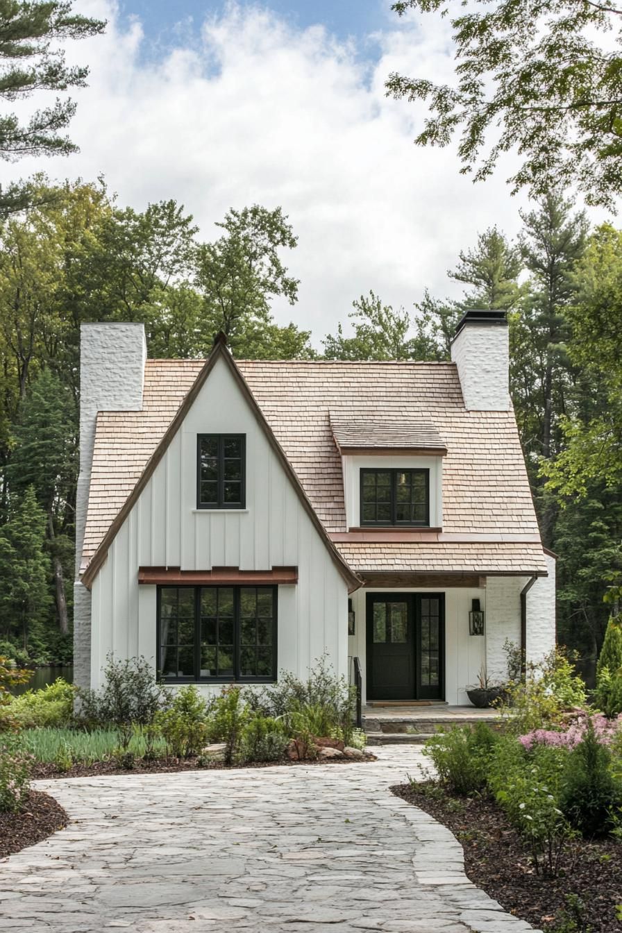 Charming white cottage with a stone path and lush greenery