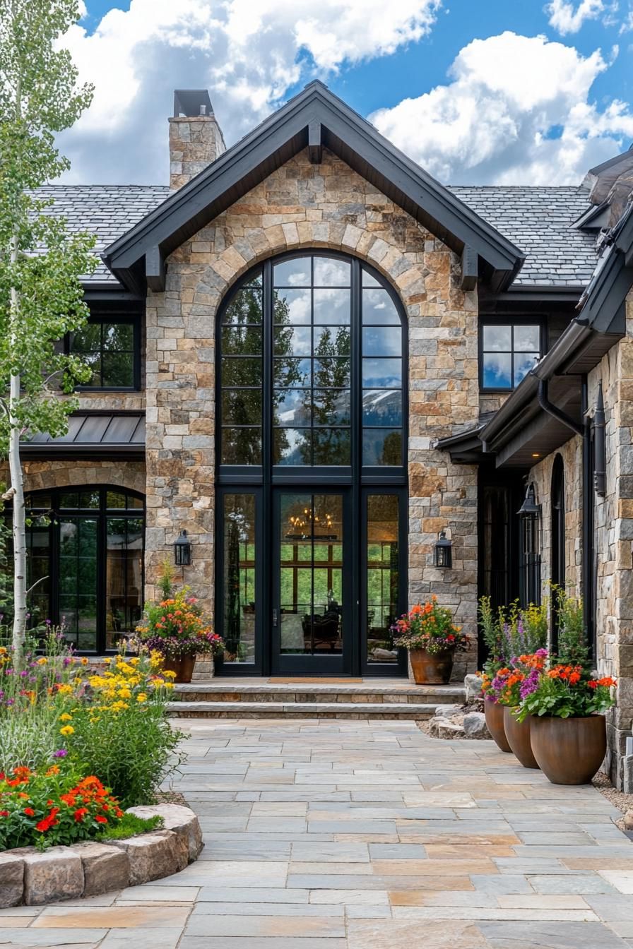 Beautiful stone house with arched windows and lush garden