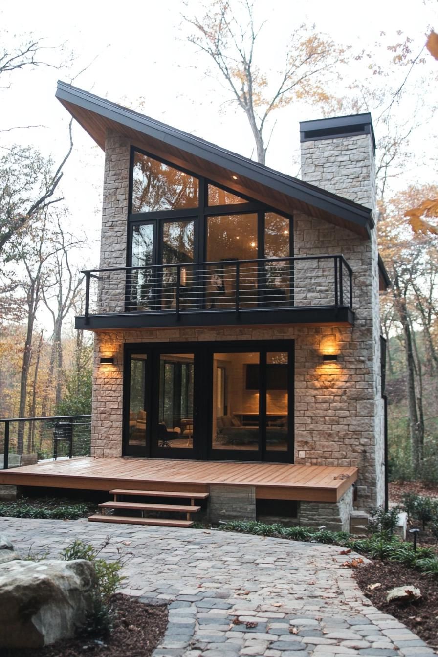 tiny modern luxury 2 story house with sloped roof balcony with metal railings stone siding large modern windows in black trim small wooden deck