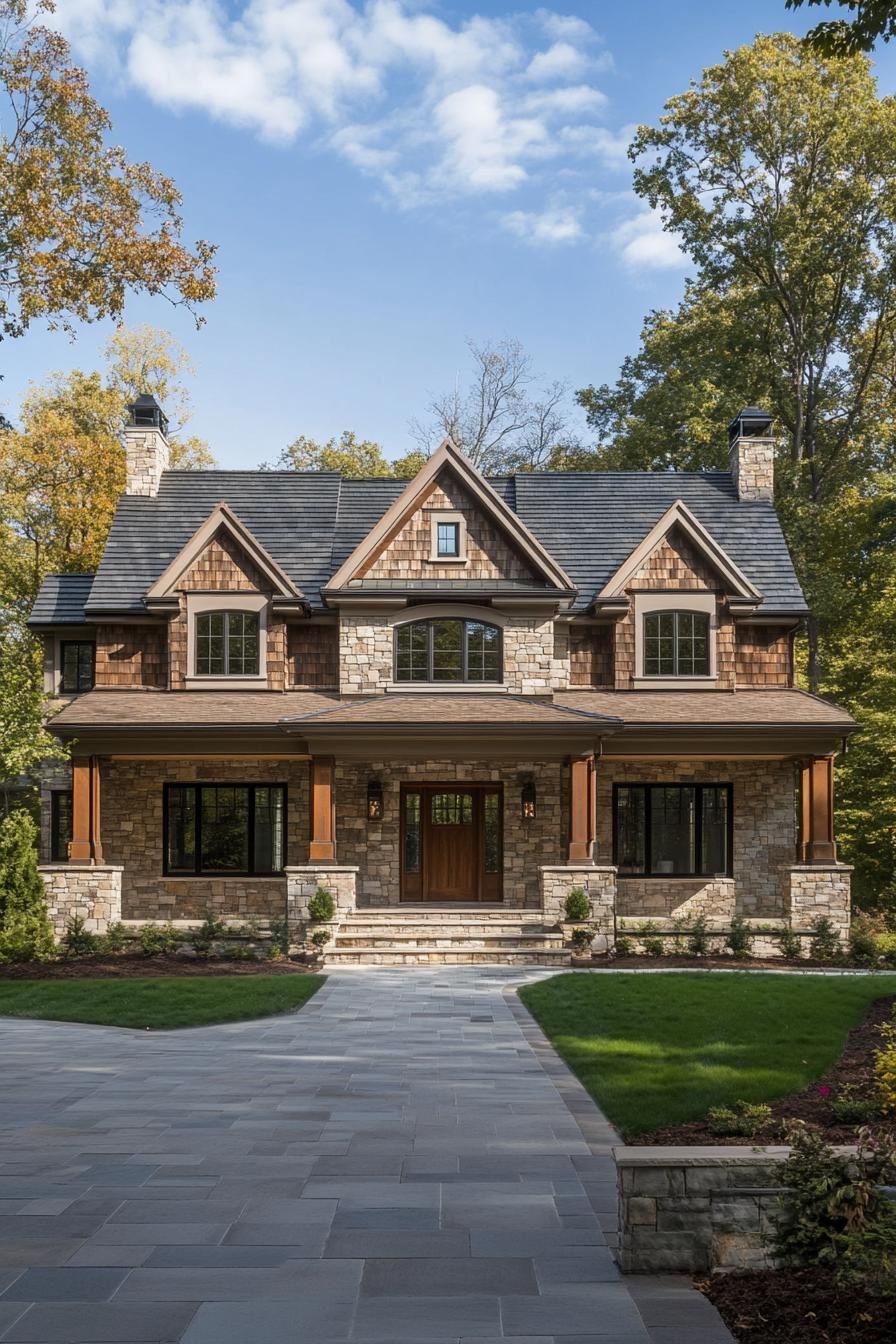 Elegant stone house with a slate roof and a wide, welcoming path