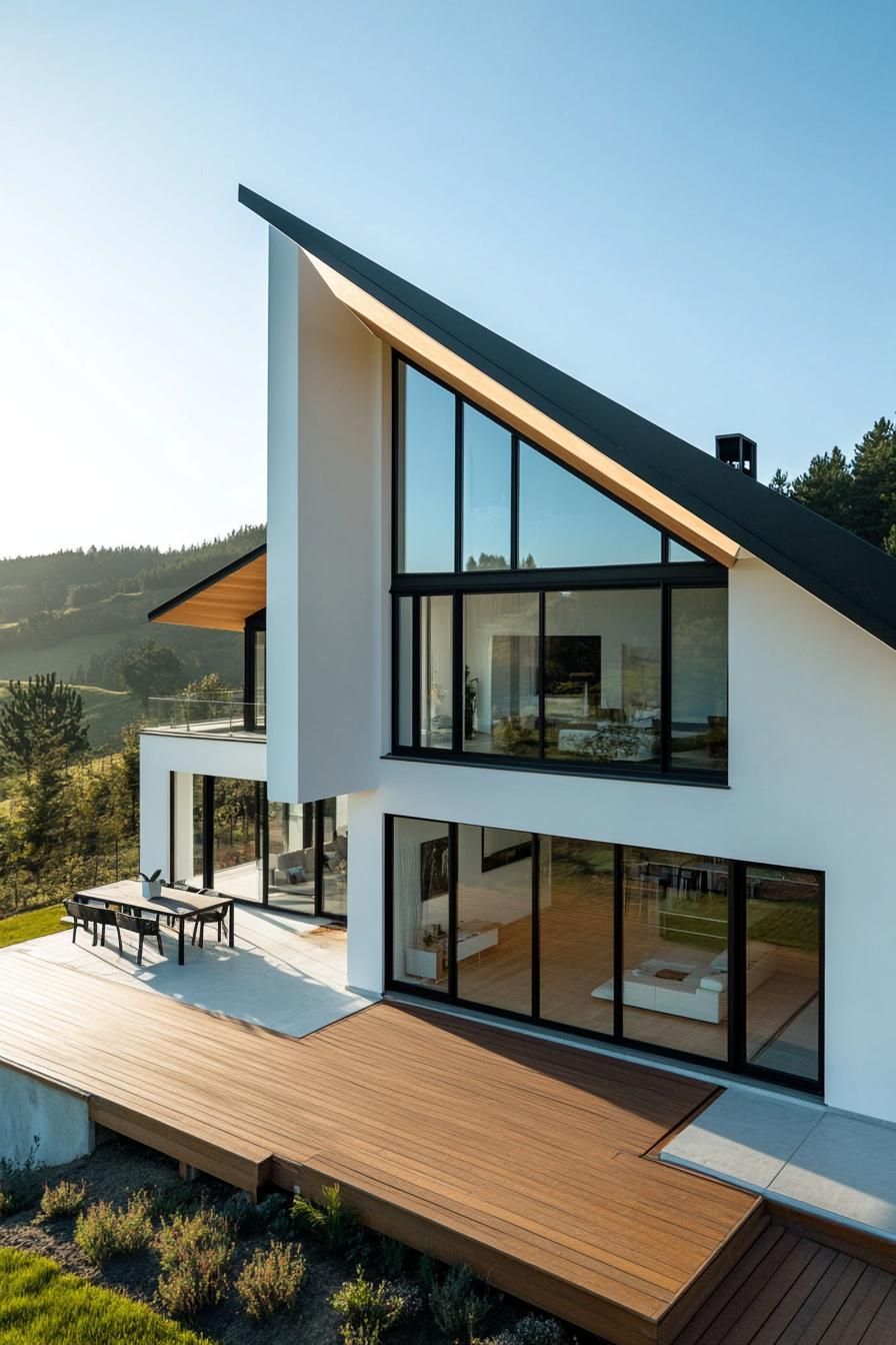 Modern house with large glass windows and wooden deck