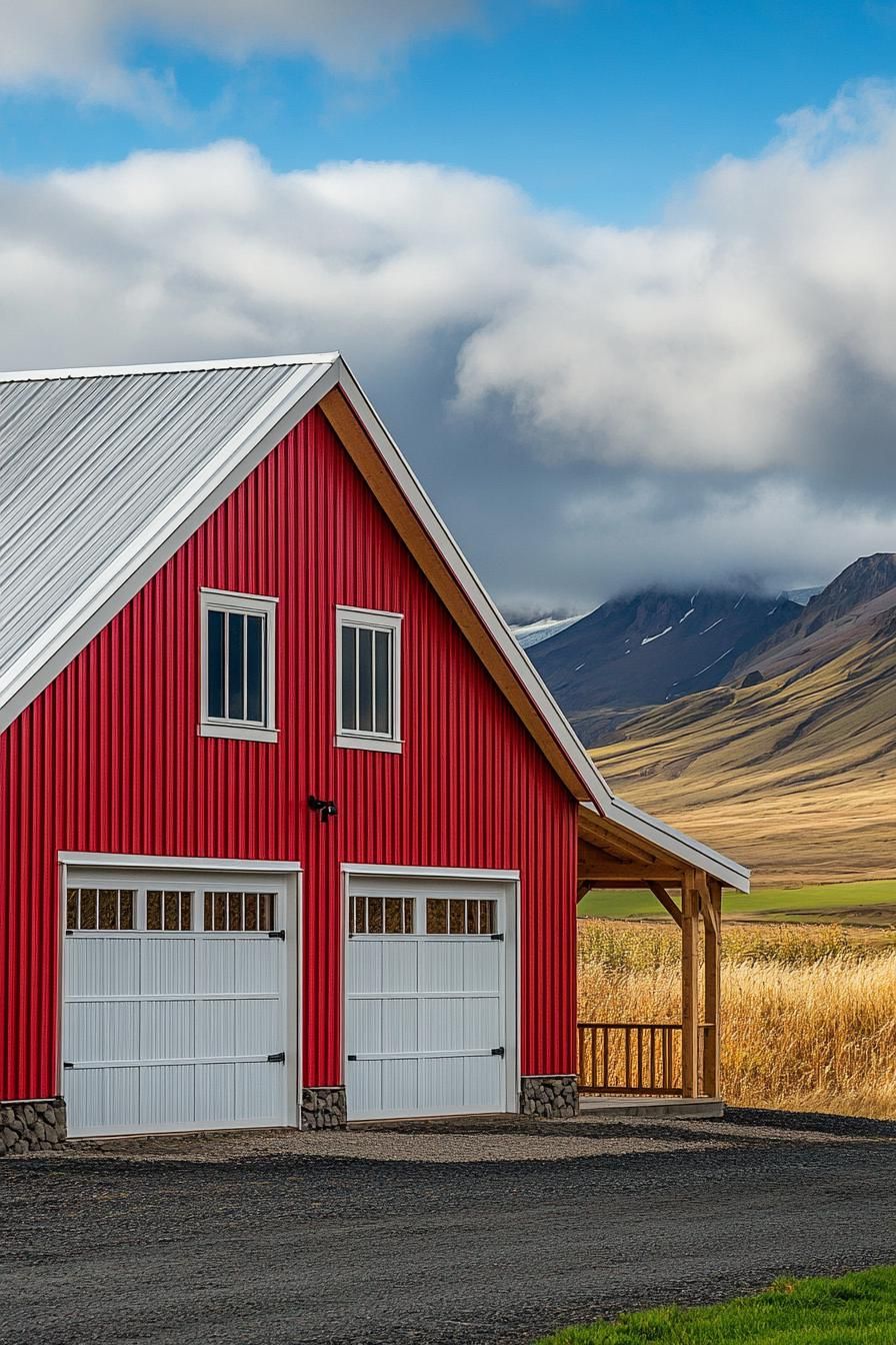 large red metal shouse barndominium with white barn roof large garage doors porch with small roof and wooden beam posts on brick foundations scenic 2