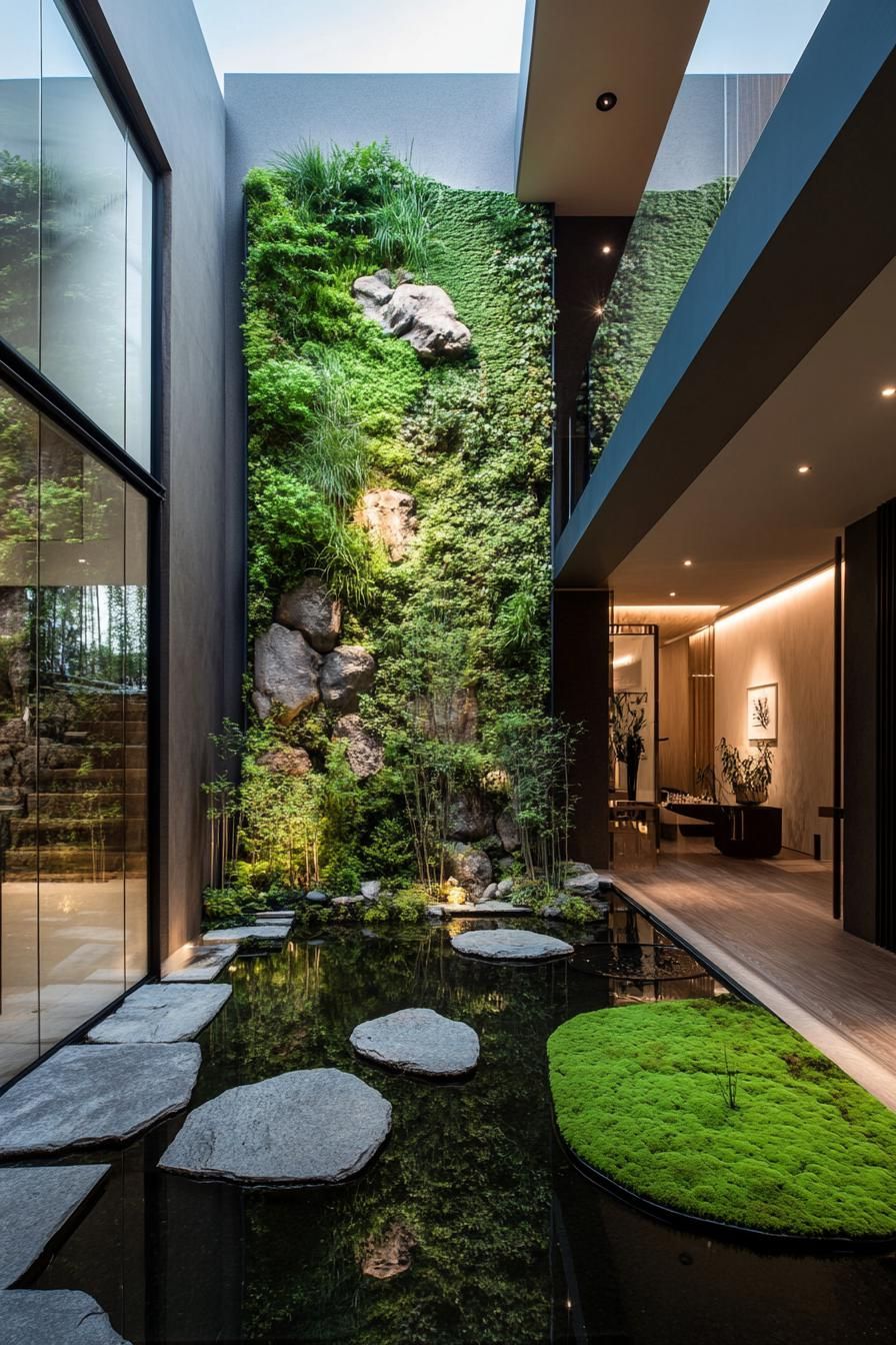 Japanese courtyard with vertical garden and serene pond