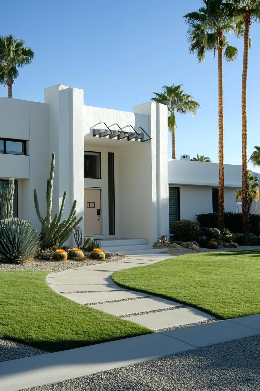 Modern house with white facade amidst desert plants