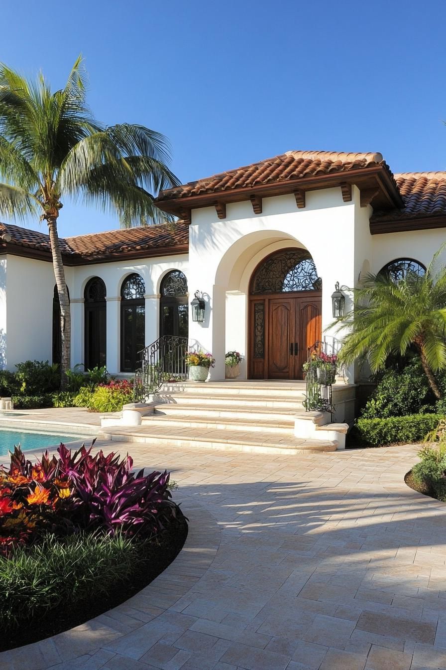 Spanish bungalow with lush garden and blue sky