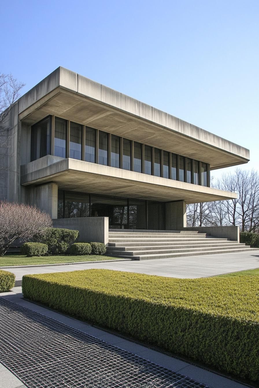 Bold concrete structure with large windows and sleek stairs