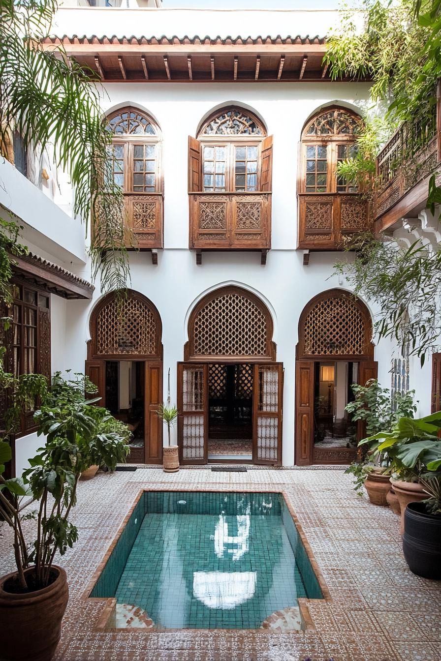 Courtyard with pool and arched windows