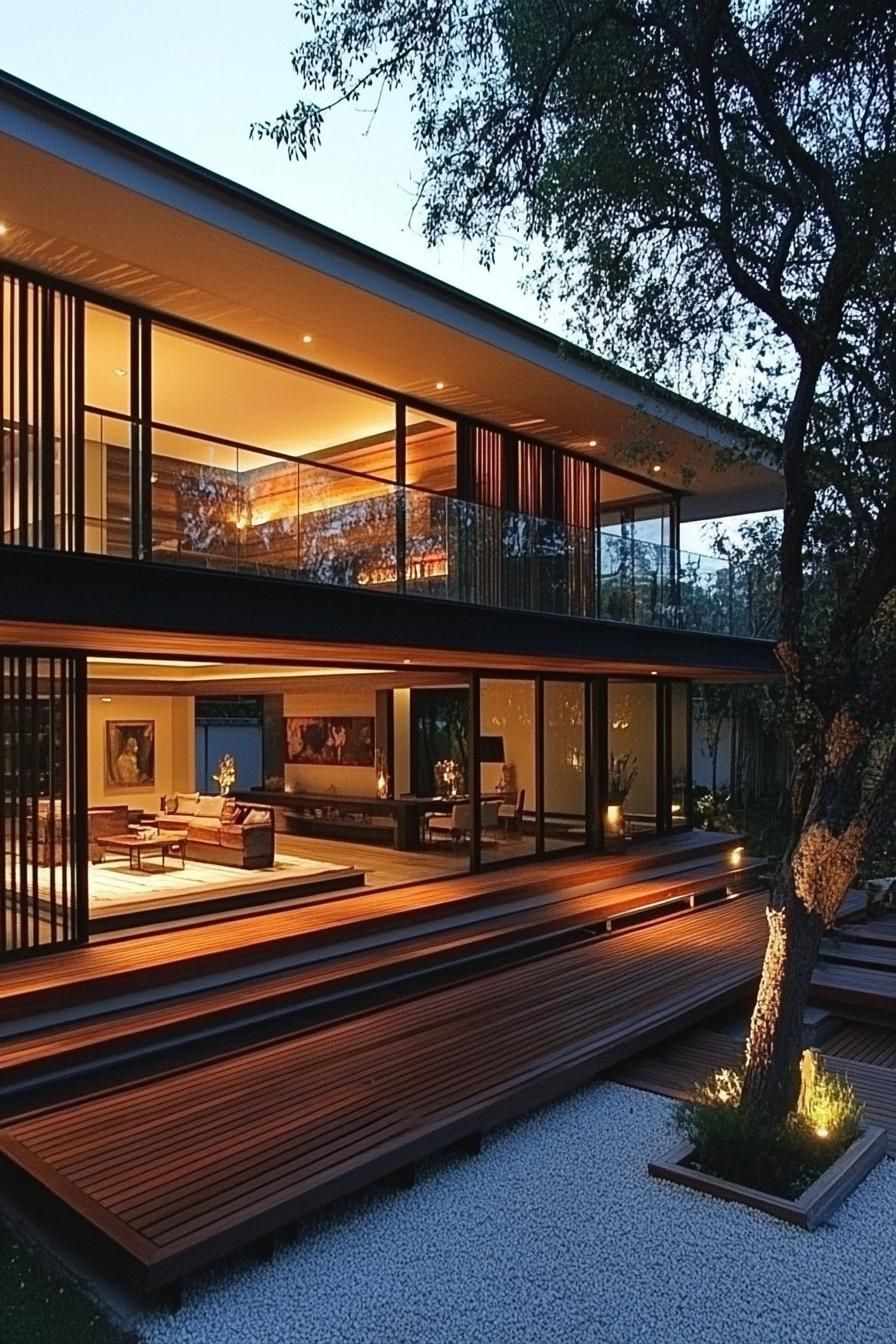 Modern Thai house with wooden decks and large glass windows