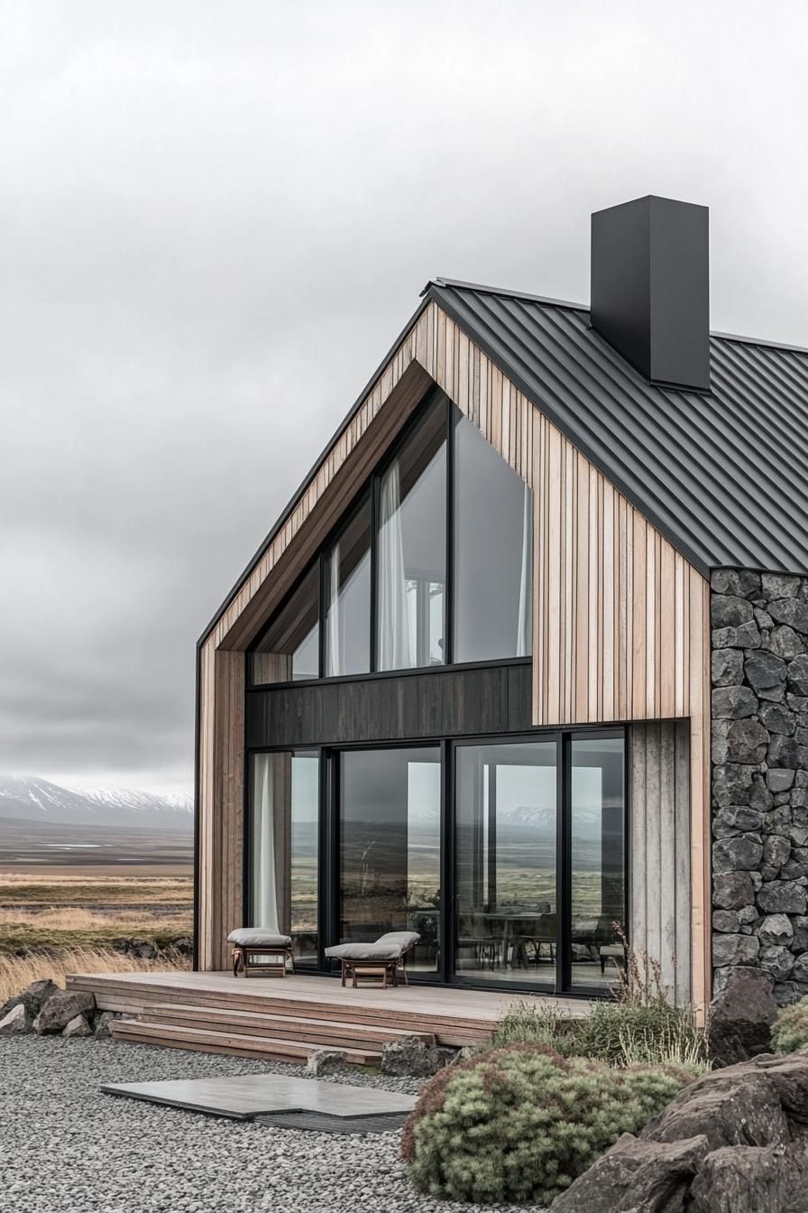 Modern A-frame house with vast windows against a rugged backdrop