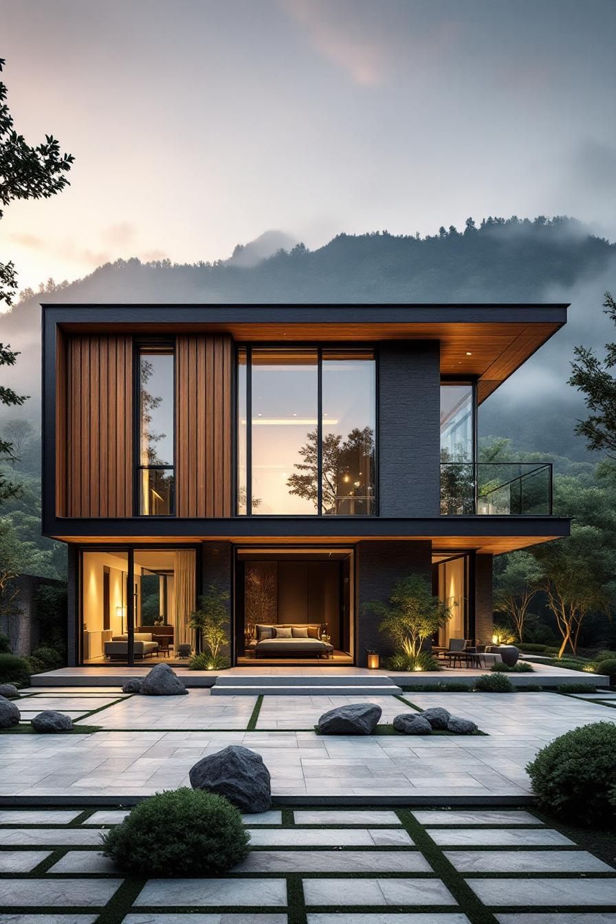 Modern Thai house with large windows and a mountain backdrop