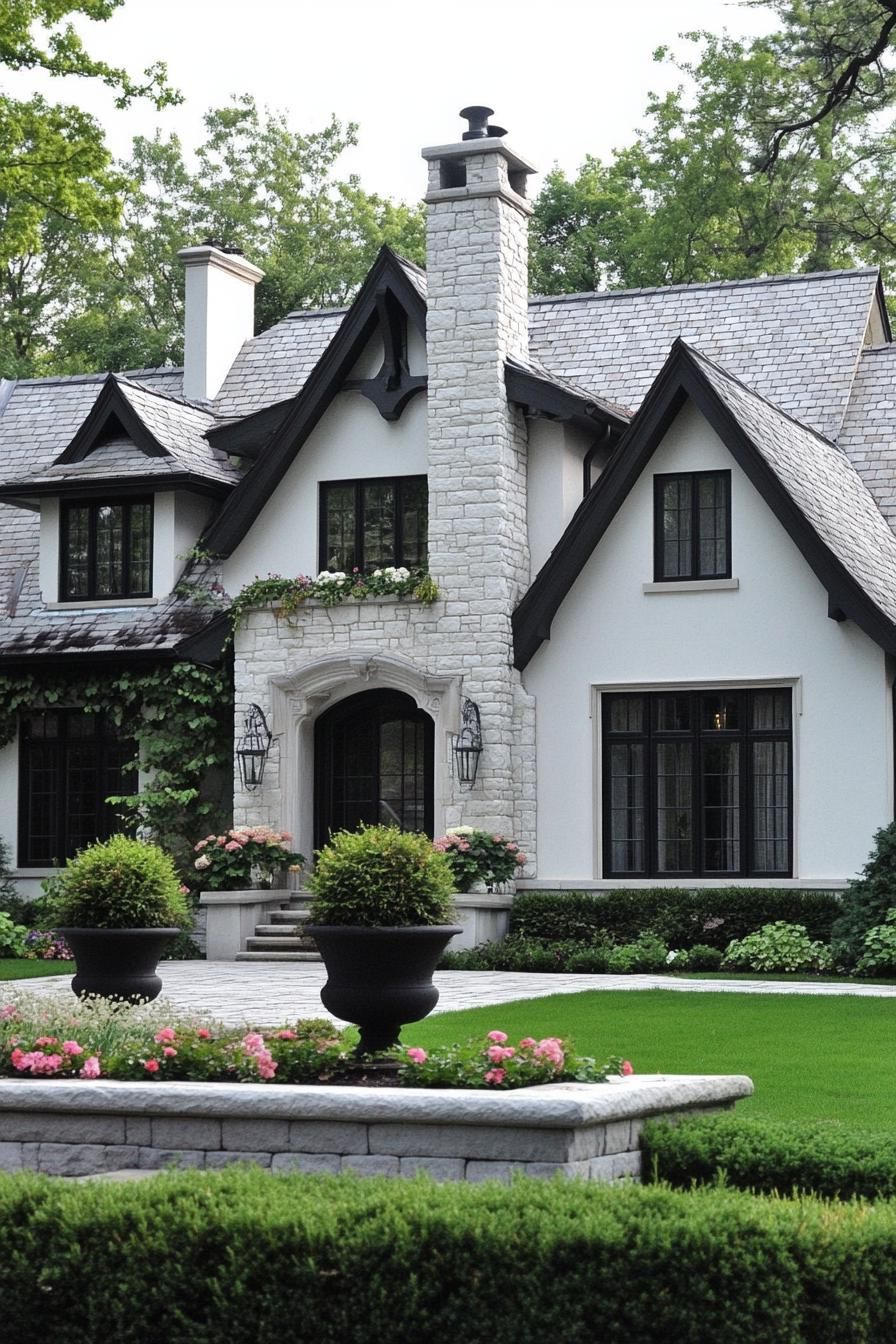 modern european cottage house with left side white stucco siding right side stone mosaic siding roof with multiple pitches and gables and a stone 2