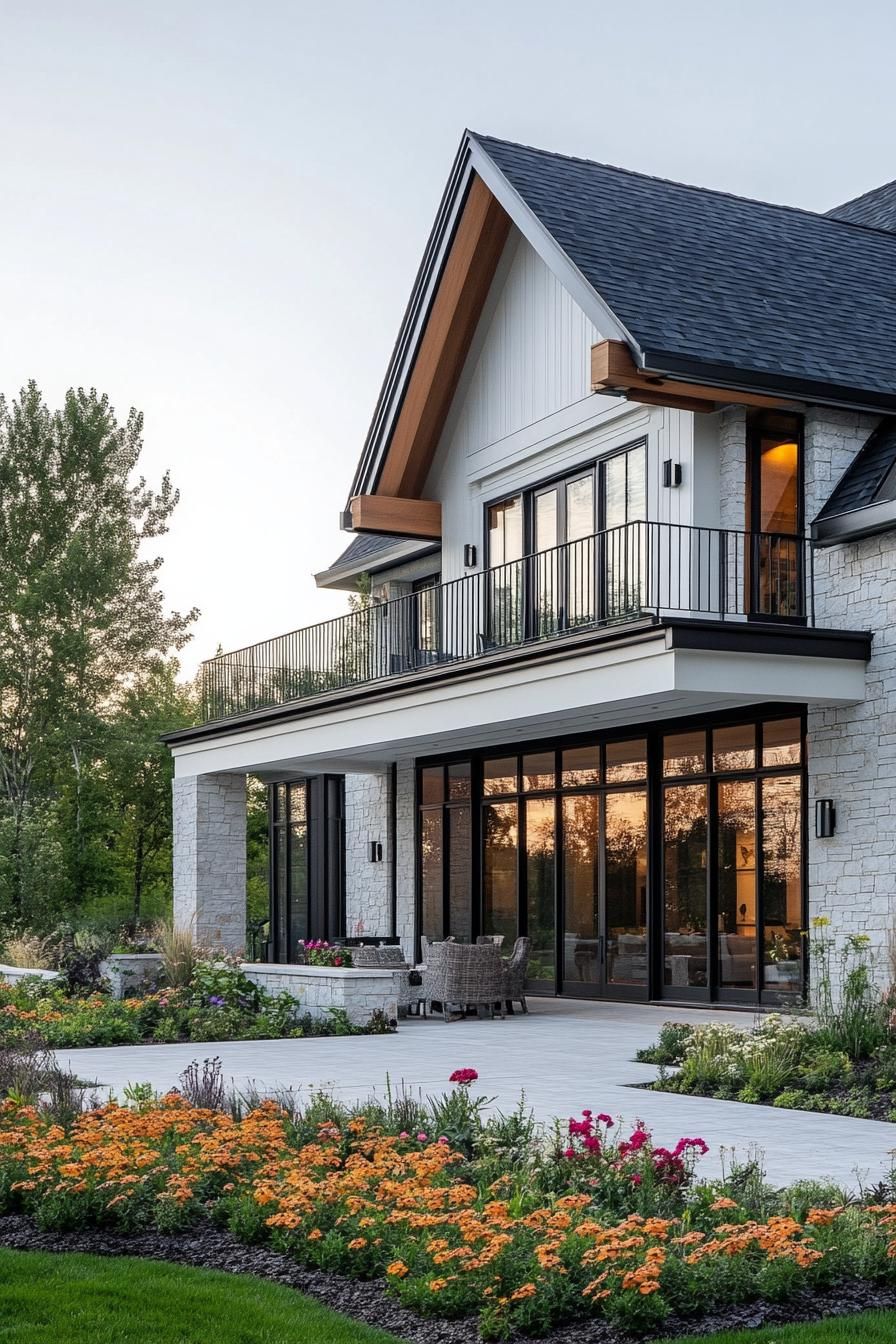 village house with stone and white stucco mixed facade large porch and balcony gabled multi pitch black shingle roof modern windows large paved