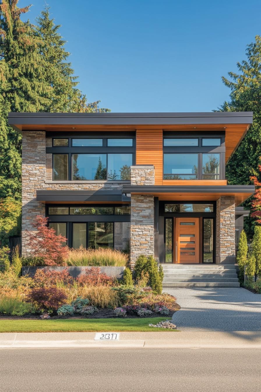 Modern house facade with stone and wood elements