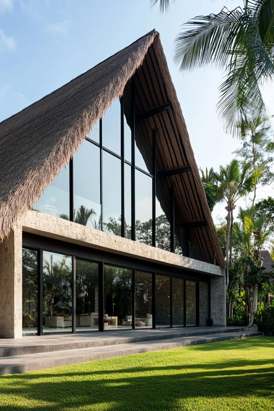 Modern house with a thatched roof and glass walls