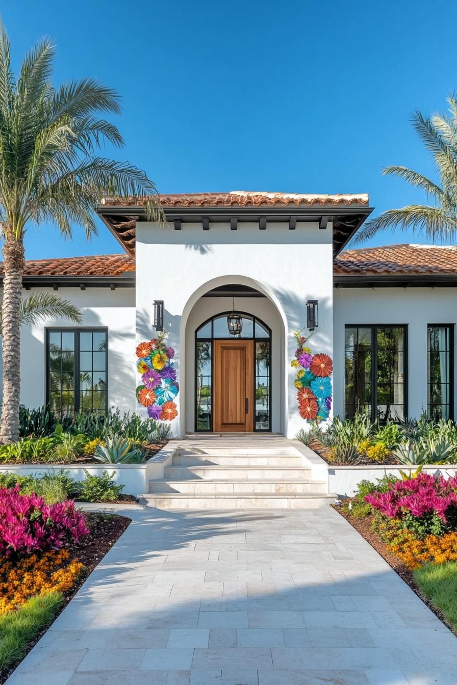 A white bungalow with vibrant floral accents