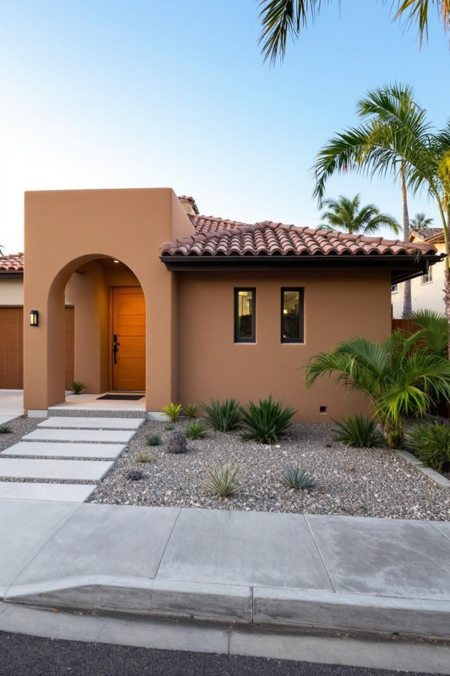 Spanish-style bungalow with terracotta roof and desert landscaping