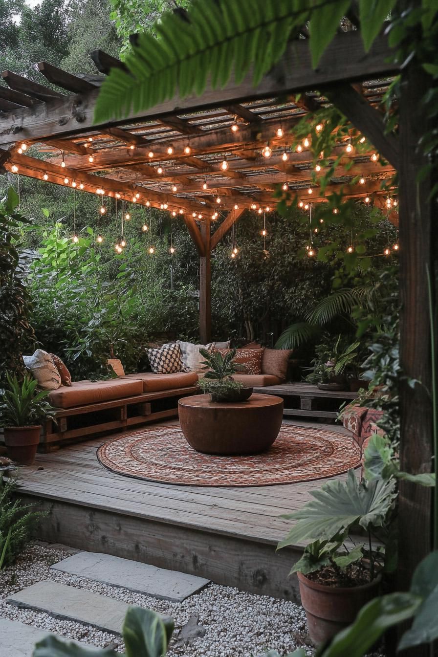 Outdoor living room with pergola and string lights