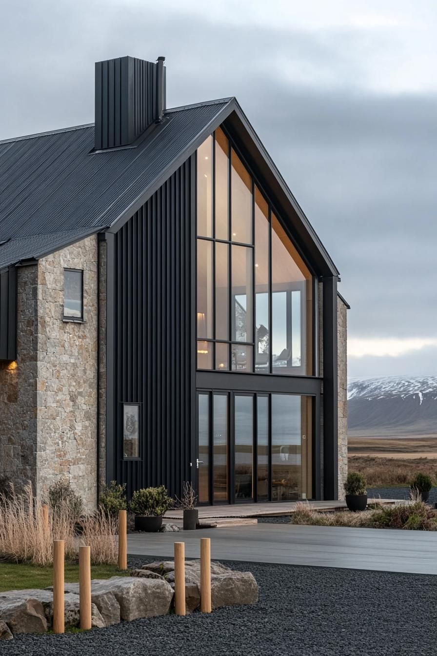 Tall A-Frame home with large windows and stone accents