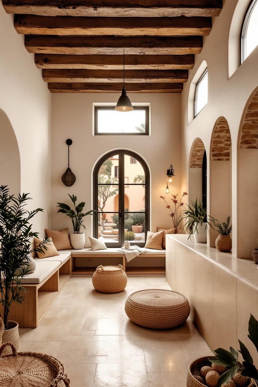 Cozy Spanish living room with arches and plants