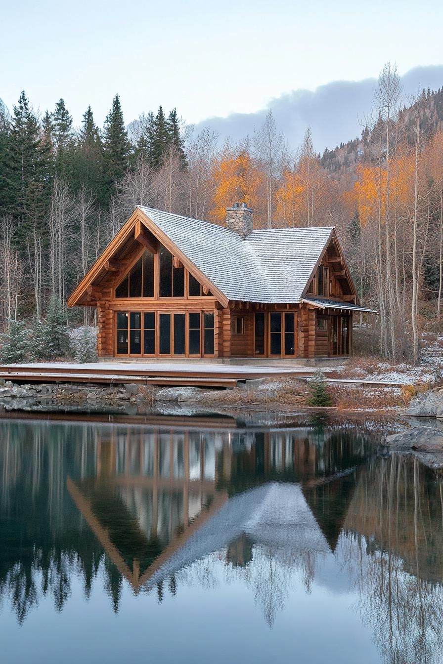 Log cabin beside a tranquil lake in a snowy setting