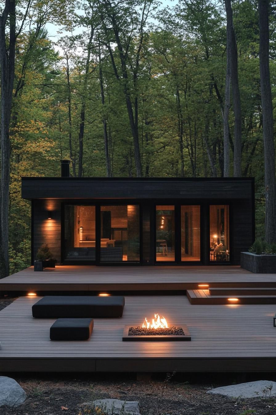 Modern cabin with cozy fire pit and glass doors