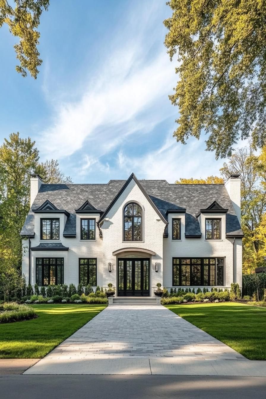 Luxurious mansion with dark gabled roof and white brick exterior