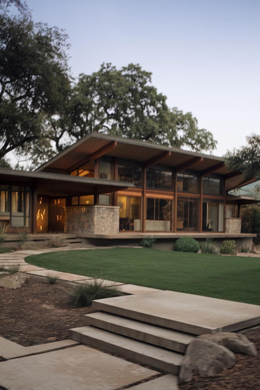 Stylish Mid-century ranch with glass facade and lush greenery