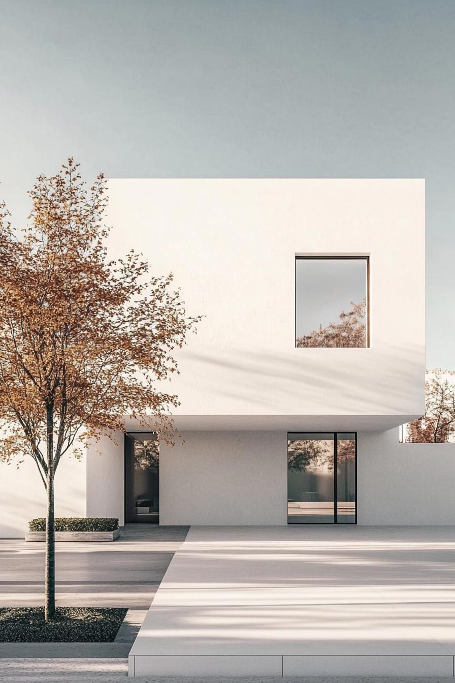 Minimalist white cube house with tree in foreground