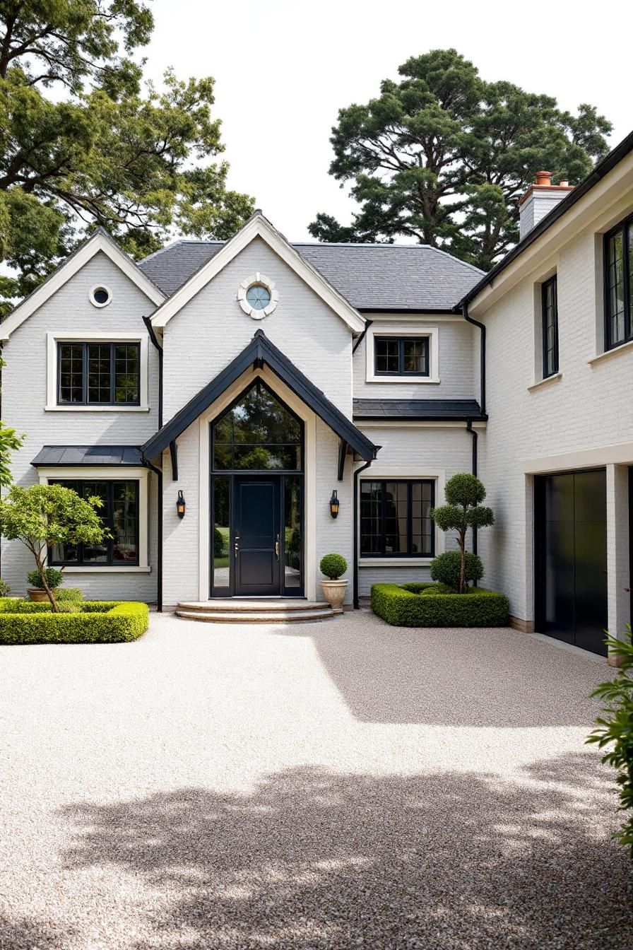 Charming entrance of a white brick house