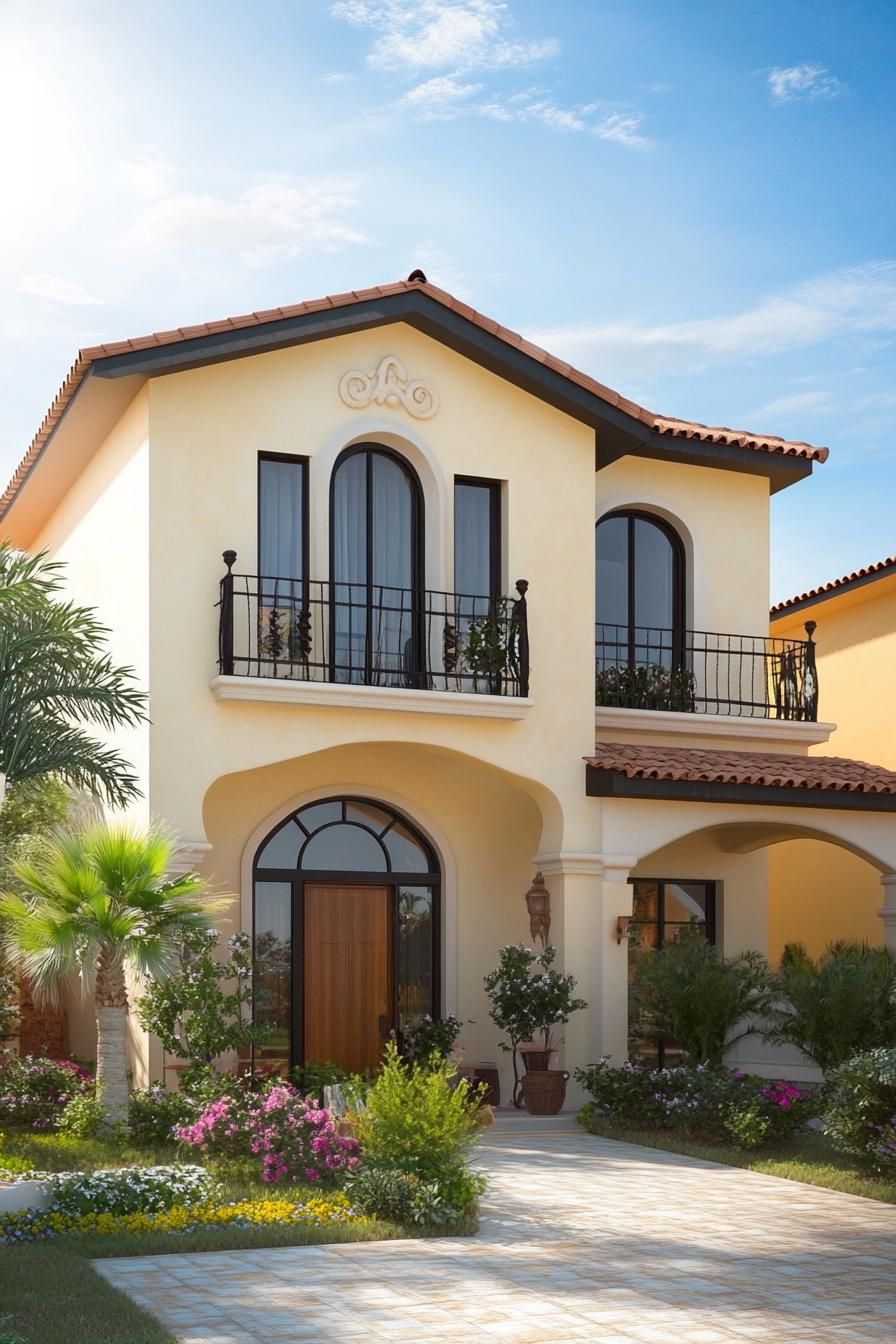 Two-story house with arched windows and garden