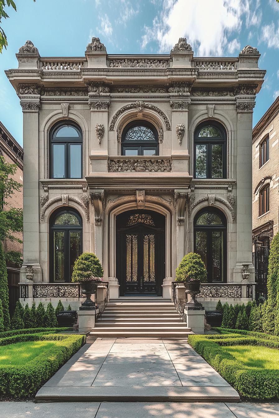 Classic luxury house with detailed stonework and lush greenery