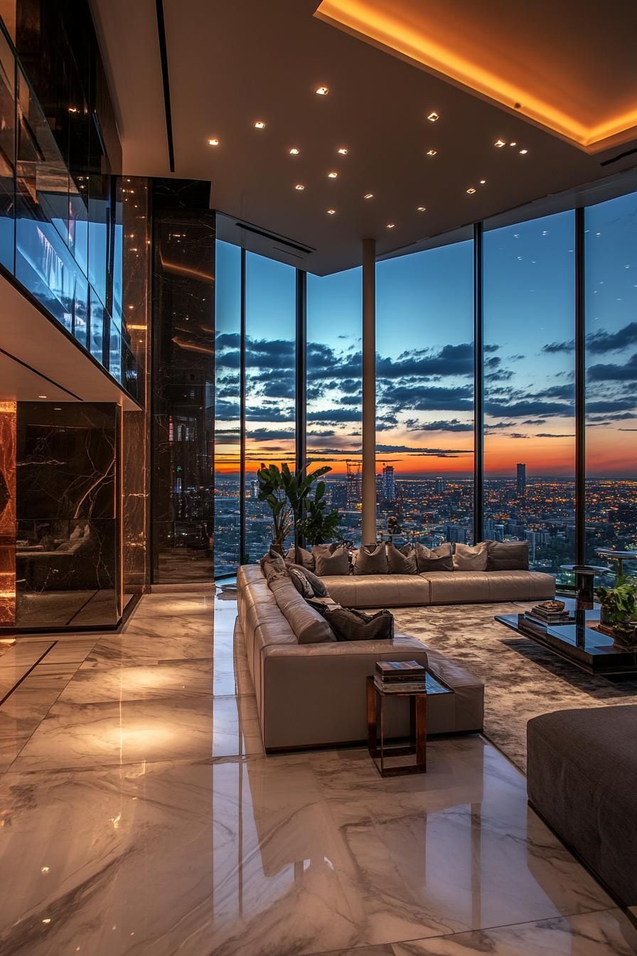 Luxurious penthouse living room with city views at sunset