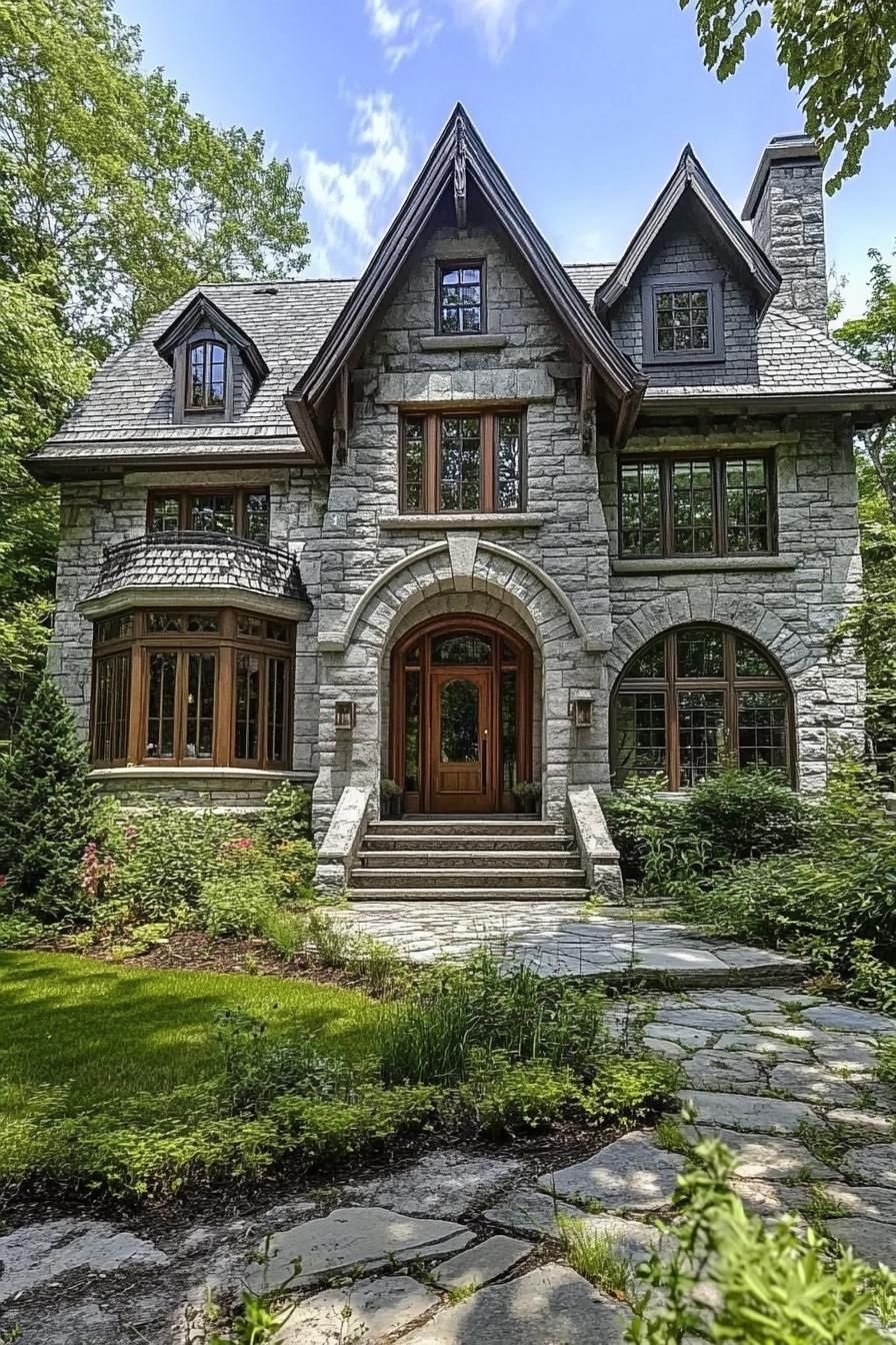 modern french multi story cottage with stone siding arched windows with detailing bay windows stone grey roof with sharp pitches chimney arched 3