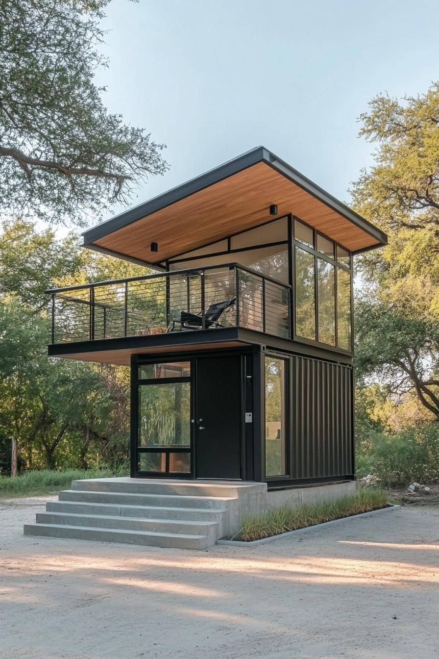 Modern two-story shed house with glass walls and wooden accents