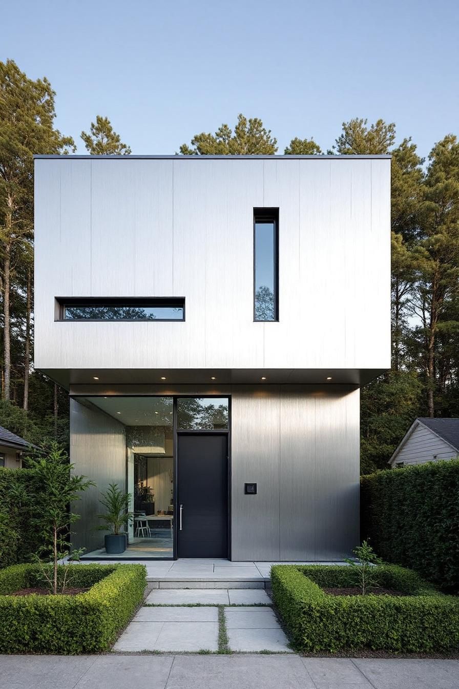 Sleek modern house with a glass facade and cube shape