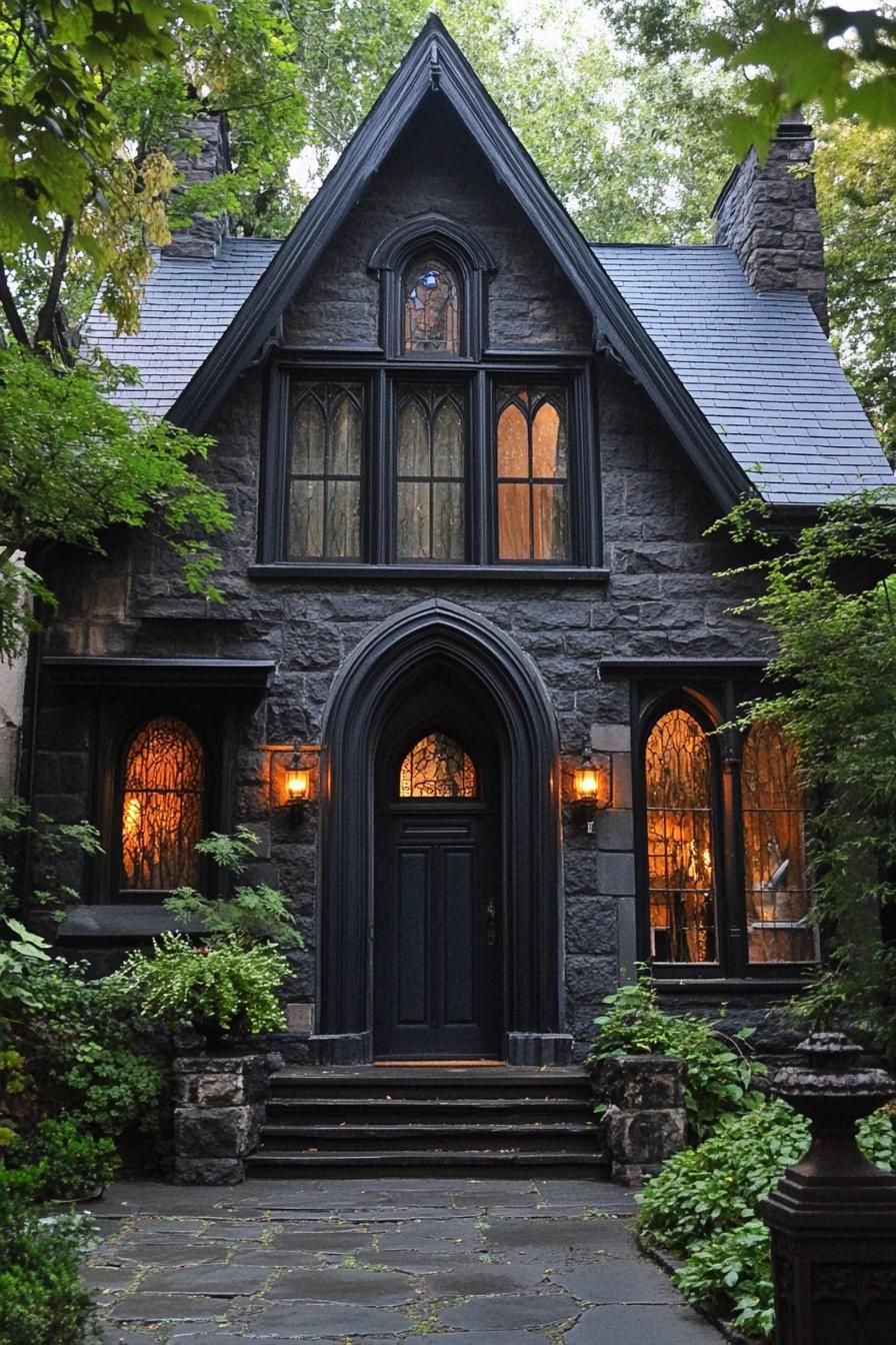 Quaint, ivy-covered stone house with gothic arches and warm glow